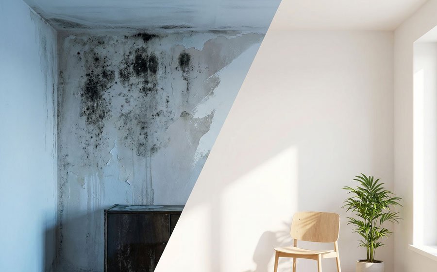 Firefly GeminiFlash Photorealistic interior wall with mold problem in a house. Split image composition o 879104 1